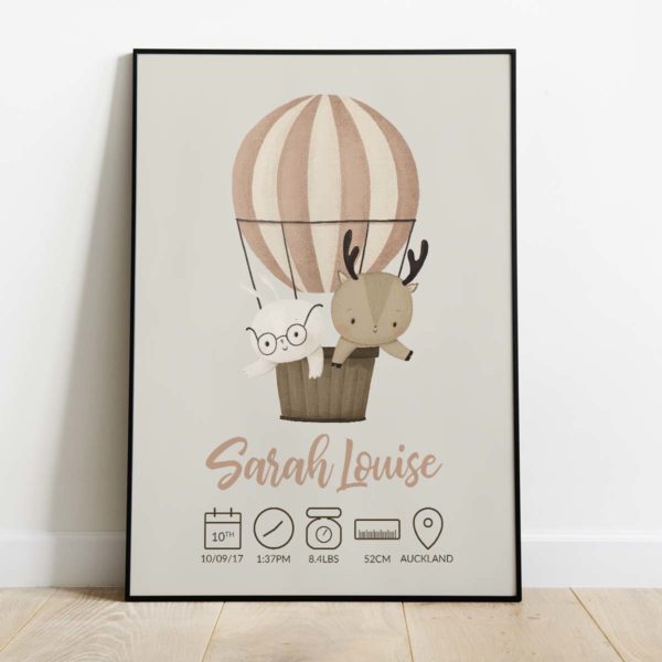 Hot air balloon with birth details print with neutral background